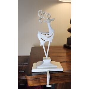 Vintage Rustic White & Gold Cast Iron Christmas Reindeer Stocking Holder Holiday